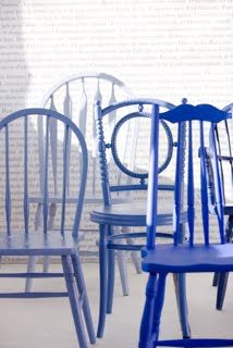 B l u e Blue Chairs, Mismatched Chairs, Blue Shades Colors, Dining Room Seating, Painted Chairs, Blue Chair, Diy Chair, Creative Living, Shabby Vintage