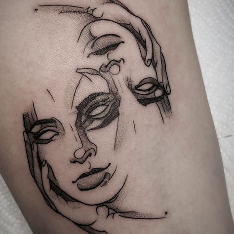 Gemini Themed Tattoo, Gemini Mask Tattoo, Gemini Two Face Tattoo For Men, Two Faced Woman Tattoo, Gemini Face Tattoo For Women, Gemini Tattoo Two Faces, Gemini Tattoo Faces, Gemini Tarot Card Tattoo, Gemini Tattoo Men