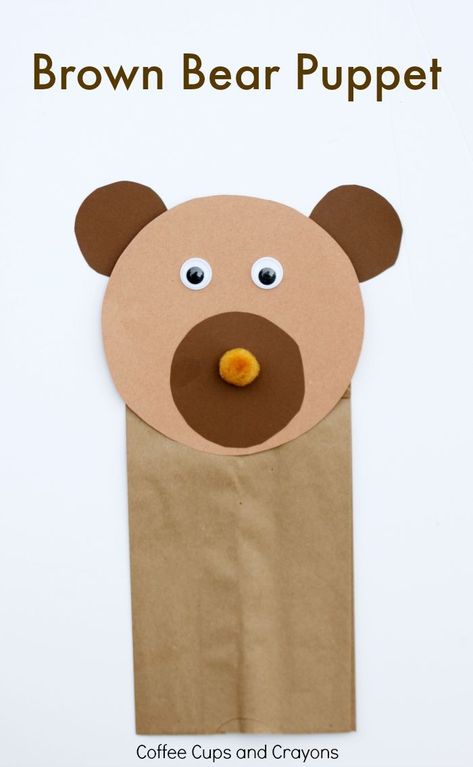 Brown Bear Puppet Craft for Preschool! Free printable tracers in the post. Bear Puppet Craft, Bear Crafts Preschool, Brown Bear Brown Bear Activities, Bear Puppet, Bears Preschool, Animals Crafts, Freetime Activities, Puppet Craft, Puppets For Kids