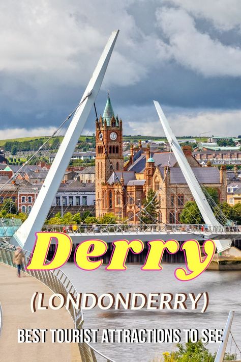 #Derry is a city on the River Foyle in #NorthernIreland Best Tourist Attractions to See in #londonderry #travel #Tourism #traveltips #travelgram #travelblogger #visitderry #walledcity #DiscoverNI #LoveGreatBritain #MyGiantAdventure #UK #UnitedKingdom #travellover #traveltheworld #travelblogging #travelblog #europe #europetravel #europetrip #HomeOfDerryGirls #derrylondonderry #greatbritain #Britain Ireland By Train, Derry City, Northern Ireland Travel, Ireland Road Trip, Cool Things To Do, Londonderry, Walled City, Tourist Places, Travel Tourism