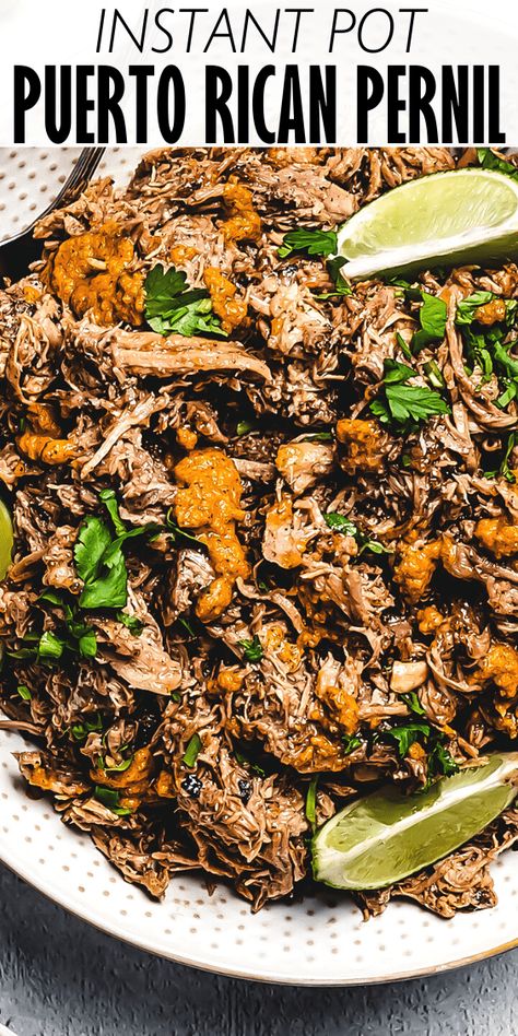 Instant Pot Puerto Rican Pernil is fall-apart tender, shredded pork loaded with garlic and spiked with Serrano peppers and citrus! And thanks to the Instant Pot, it only takes a fraction of the time to make it! Puerto Rican Instapot Recipes, Spanish Pulled Pork Crock Pot Recipes, Insta Pot Pork Shoulder Recipes, Puerto Rican Recipes Instant Pot, Crock Pot Pernil, Pernil Instant Pot, Pernil Recipe Puerto Rican Instant Pot, Instant Pot Pernil, Pernil Recipe Puerto Rican Crockpot