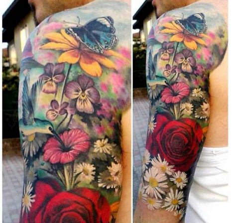 Follow @cooltattos on instagram. Tato Phoenix, Colorful Sleeve Tattoos, Pretty Flower Tattoos, Garden Tattoos, Full Sleeve Tattoo Design, Tattoos For Women Flowers, Flower Tattoo Shoulder, Floral Tattoo Sleeve, Flower Tattoo Sleeve