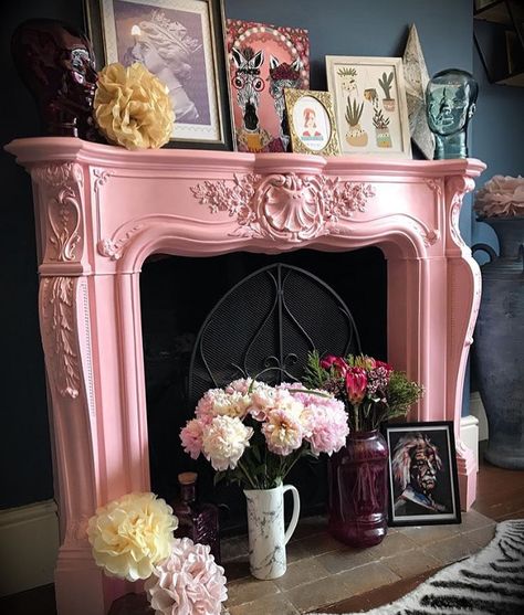 Pink Fireplace Mantle, Pink Mantle, Pink Fireplace, Artsy Apartment, Painted Fireplace, Basement Bar Design, Electric Fireplace Mantle, Cream Living Rooms, All Things Pink