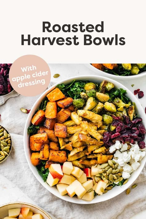 The perfect salad for fall, these roasted harvest bowls are loaded with maple turmeric chicken, crisp apple slices, Brussels sprouts and butternut squash. Roasted Pumpkin Bowl, Autumn Bowl Recipe, Butternut Squash Bowl, Harvest Bowl Recipe, Fall Harvest Bowl, Roasted Veggie Bowl, Volume Foods, Salad For Fall, Clean Salads