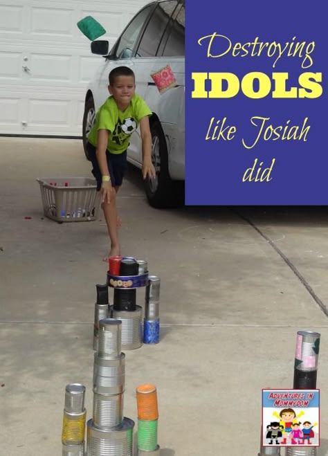 King Josiah activity - destroying "idols" like King Josiah did. Fun, hands on game to review. No Idols Bible Craft, Church Games For Kids, Kids Bible Lessons, Gospel Project, Childrens Bible Activities, School Stories, Story Crafts, King Josiah, Church Games