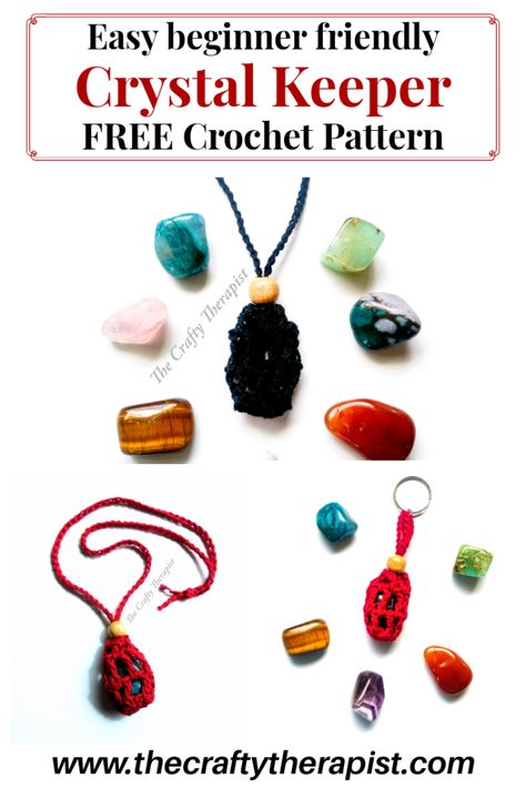 Crochet Crystal Keeper – The Crafty Therapist | Sustainable Crochet & living Crochet Crystal, Beginner Friendly Crochet, Crochet Necklace Pattern, Hippie Crochet, Bag Pattern Free, Craft Stash, Crochet Bookmarks, Necklace Patterns, Healing Crystal Jewelry