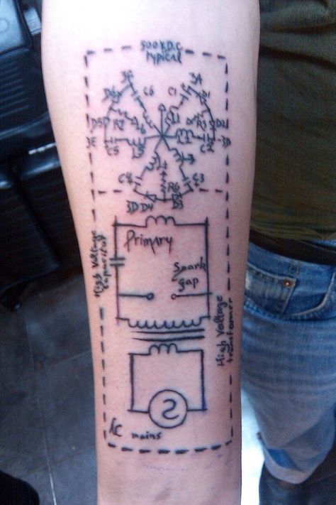 Electrical Engineering Tattoo, Electrical Tattoo, Schematic Tattoo, Geeky Tattoos, Circuit Tattoo, Coil Tattoo, Map Tattoo, Map Tattoos, Tesla Coil