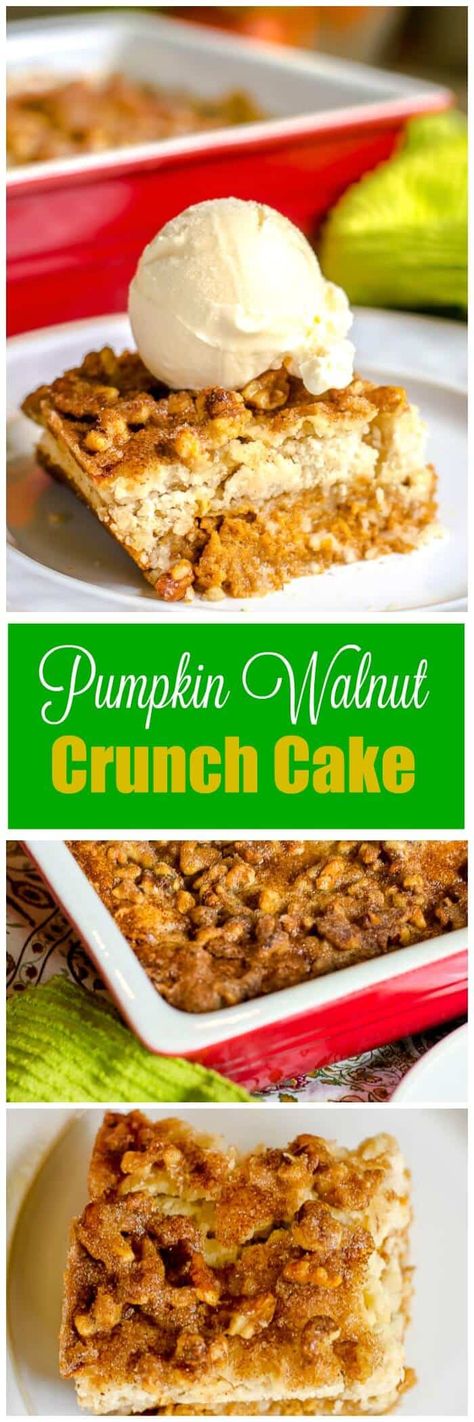 This sweet, creamy, crunchy Pumpkin Walnut Crunch Cake is similar to other Pumpkin Crunch Cake desserts but uses walnuts instead of pecans, and a homemade "cake mix" instead of a packaged cake mix, and includes a sprinkling of cinnamon sugar on top. Serve warm with ice cream for a crowd-pleasing Fall or Thanksgiving dessert! Cinnamon Cake Recipes, Homemade Cake Mixes, Pumpkin Cobbler, Pumpkin Crunch Cake, Homemade Crust, Pumpkin Crunch, Dump Cake Pumpkin, Cinnamon Crunch, Crunch Cake