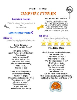 Ama Reads: Campfire Stories Preschool Storytime Plan Preschool Camping Songs, Prek Stations, Camping Songs, Camping Crafts Preschool, Camping Dramatic Play, Preschool Camping, Girl Scout Songs, Camping Preschool, Storytime Themes