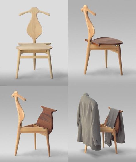 Hans Wegner’s Valet Chair was designed to hang up and store each piece of a man’s suit. Complete with a coat hanger shaped backrest, pants can be hung on a rail at the edge of the seat and everything else can be stowed in a storage space underneath Valet Chair, Wegner Chair, Clothes Hanging, Hanger Design, Hans Wegner, Danish Furniture, Wooden Chair, Objects Design, Design Furniture