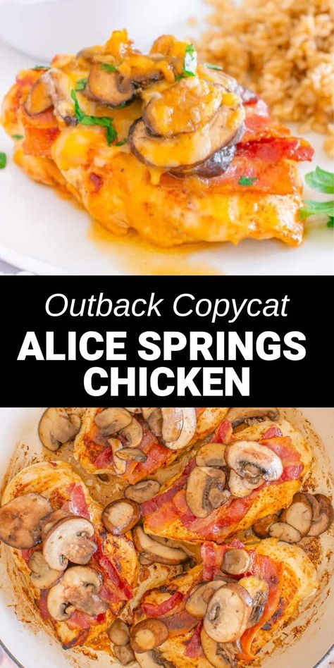 chicken with cheese, sauce mushroom on plate Chicken Honey Mustard, Alice Springs Chicken Outback, Amazing Easy Recipes, Juicy Grilled Chicken, Alice Springs Chicken, Chicken Honey, Sautéed Mushrooms, Chicken Kitchen, Chicken Marinade Recipes