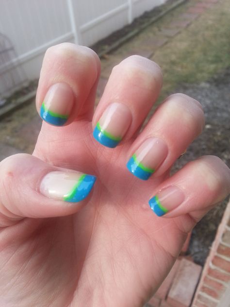 Blue and Green French Tip Nails Blue Green French Tip Nails, Blue And Green French Tip Nails, Doodle Nail Art, Green French Tip Nails, Unicorn Doodle, Green French Tip, Ruby Nails, Abstract Figures, Green French