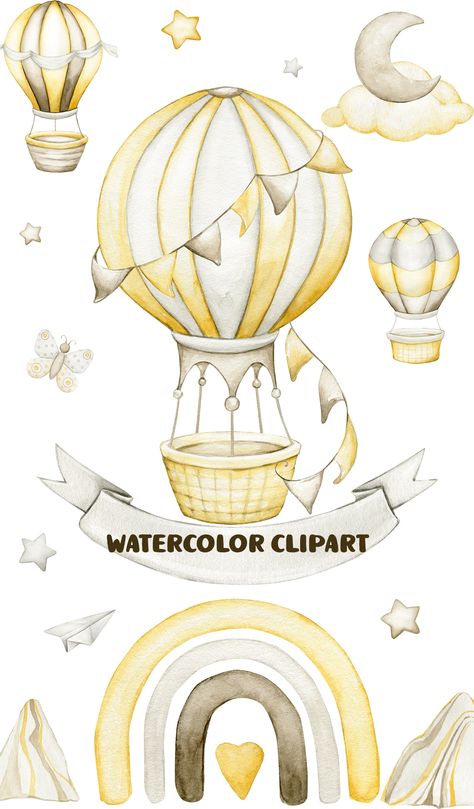 Boho Hot Air Balloon, Watercolor Art Hot Air Balloon, Bujo Hot Air Balloon Theme, Hotairballoon Illustration, Hot Air Balloon Print, Boho Clipart, Balloon Clipart, Pastel Wall Art, Boy Newborn