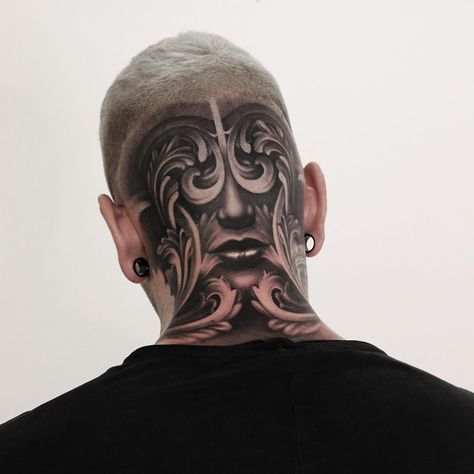 Back Of Head Tattoo, Back Of Neck Tattoo Men, Flower Neck Tattoo, Full Neck Tattoos, Best Neck Tattoos, Womans Face, The Best Tattoos, Back Of Neck Tattoo, Back Of Head