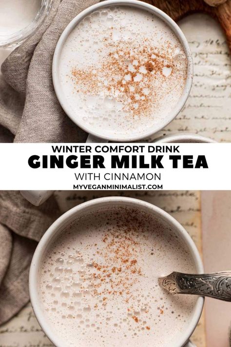 Ginger Milk Tea Recipe, Ginger Milk Tea, Hot Milk Tea, Cacao Coffee, Ginger Milk, Milk Tea Recipe, Lattes At Home, Vegan Minimalist, Turmeric Tea Recipe