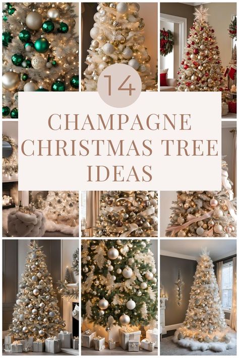 14 Stunning Champagne Christmas Tree Ideas You’ll Adore Christmas Tree With Champagne Ornaments, Most Popular Christmas Tree Decorations, Champagne White Christmas Tree, Cream Christmas Trees, Flocked Tree Color Schemes, Champagne Ornaments Christmas Tree, Champagne And Green Christmas Tree, New Year’s Eve Christmas Tree, White And Gold Xmas Tree