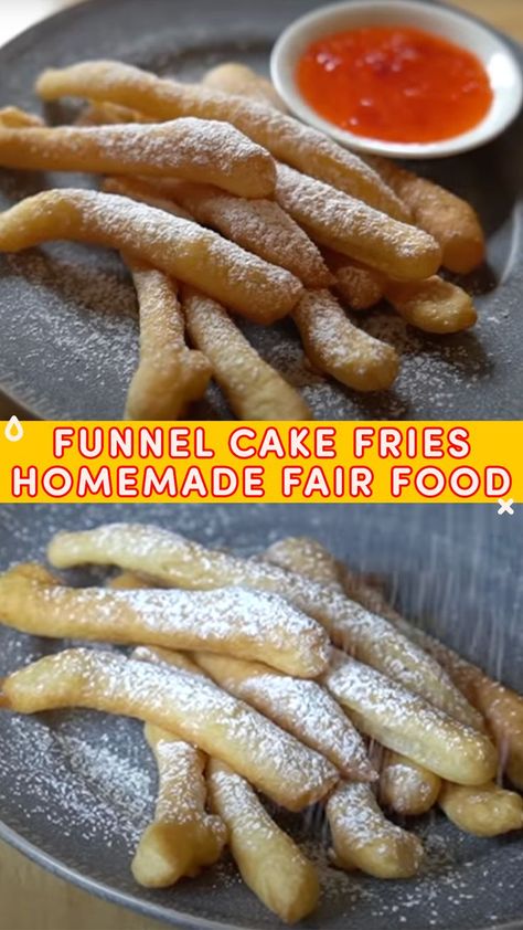 Funnel Cake Sticks Recipe, Fair Dessert Ideas, County Fair Funnel Cake Recipe, Funnel Cake Fries Recipe, Emmymade Recipes, Carnival Eats Recipes, Fair Funnel Cake Recipe, Carnival Eats, Fries Homemade