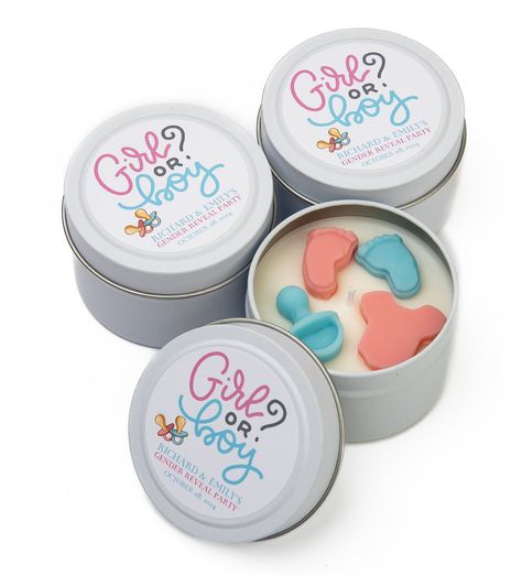 Boy or Girl Candles - Gender Reveal Party Candles - She or He Candles - Customized Gender Party Candle Favors for Guests - 4 oz. - Set of 6 by TwinFlamesHandMade on Etsy Gender Party, Clean Fragrance, Candle Party, Candle Favors, Blue Candles, Reveal Party, Custom Candles, Designer Candles, Metal Tins