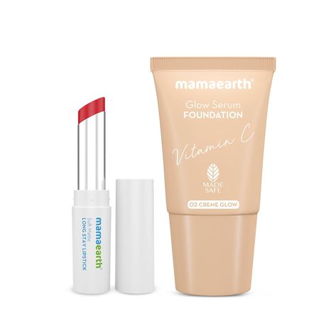 Mamaearth Party Ready Duo (Glow Serum Foundation Mini + Soft Matte Long Stay Lipstick (Ruby Red)) Mamaearth Lipstick, Long Stay Lipstick, Serum Foundation, Glow Serum, Ruby Red, Serum, Ruby, Foundation, Red