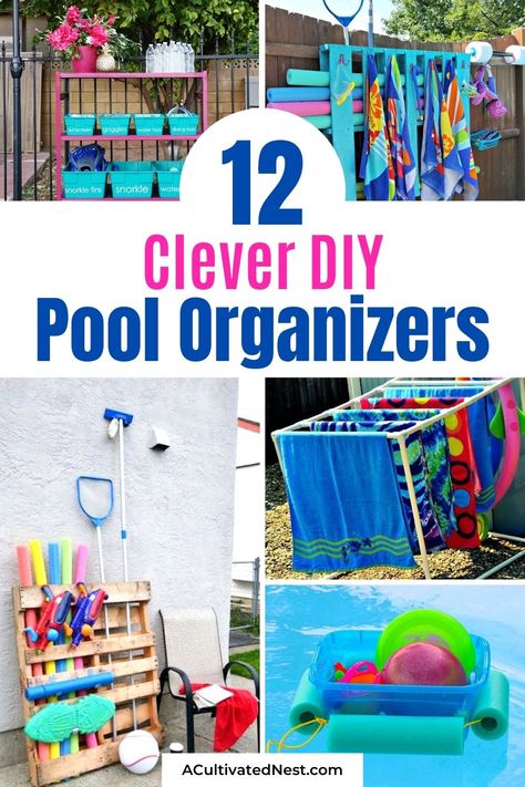 Diy Pool Accessories, Under Deck Pool Storage Ideas, Pool Station Ideas, Diy Pool Supplies Storage Ideas, Diy Pool Float Storage Ideas, Diy Pool Accessories Storage, Pool Supply Storage Ideas, Pool Area Organizing Ideas, Diy Pool Storage