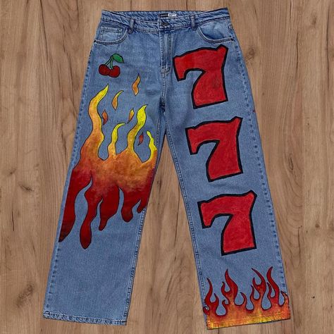 @artsyleftovers on Instagram: “Original design !” Fire Pants, Custom Jean, Hand Painted Denim, Fire Designs, Custom Jeans, Painted Denim, Custom Hand Painted, Fabric Paint, Ripped Jean