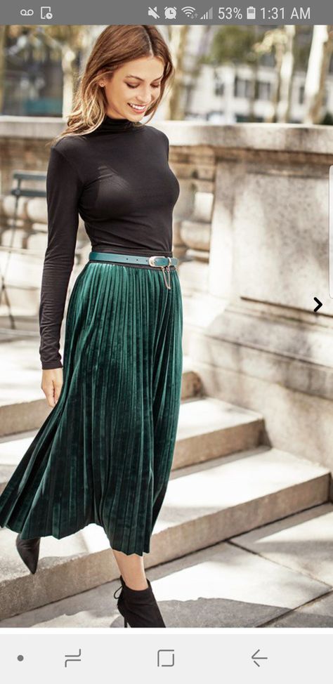 Velvet Skirt Outfit Winter, Pleaded Skirt Outfits, Velvet Skirt Outfit, Skirt Outfits With Boots, Skirt Outfit Winter, Green Velvet Skirt, Velvet Pleated Skirt, Olive Green Skirt, Pleaded Skirt