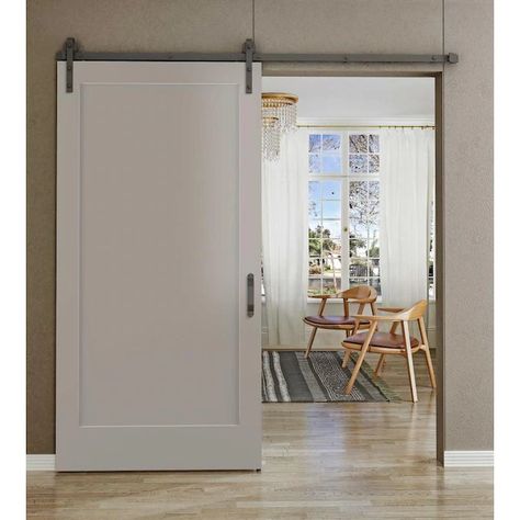 Frameport Grey Prefinished 1-panel Wood Pine Barn Door Hardware Included (Common: 36-in x 84-in; Actual: 36-in x 84-in) in the Barn Doors department at Lowes.com Barn Doors Lowes, Contemporary Entryway Ideas, Pine Barn Door, Glass Barn Doors Interior, Single Barn Door, Flat Panel Doors, White Barn Door, Contemporary Entryway, Barn Door Closet