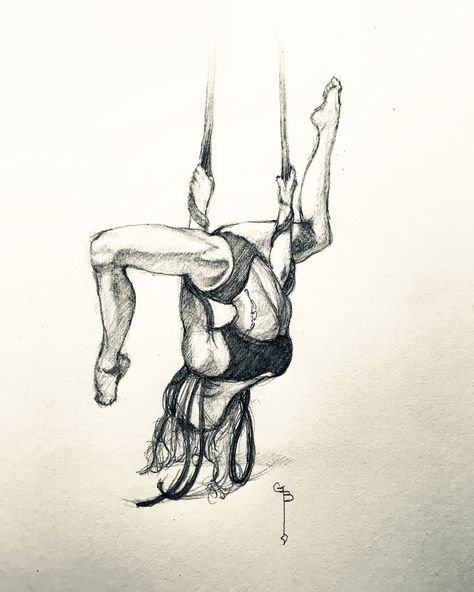 Circus Sketch Art, Aerial Arts Drawing, Aerial Hoop Tattoo, Person Hanging From Rope Drawing, Aerialist Tattoo, Circus Drawing Sketches, Athletic Drawing, Acrobat Drawing, Shibarian Art