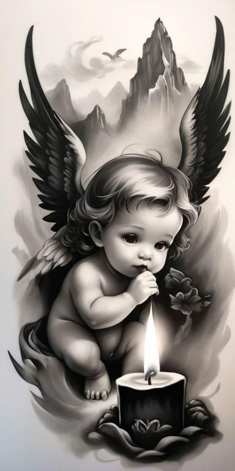 Angel In Heaven Tattoo, Shading Techniques Tattoo, Baby Angel Drawing, Guardian Angel Tattoos, Guardian Angel Tattoo Designs, Angle Tattoo, Baby Angel Tattoo, Female Warrior Tattoo, Guardian Angel Tattoo