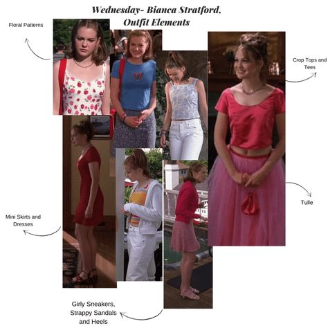 Collage of Bianca Stratford's outfits in the rom com 10 Things I Hate About You Early 2000s Rom Com Outfits, Rom Com Outfits, Bianca Stratford, Jenna Rink, Girly Sneakers, Pink Teddy Coat, Tulle Mini Skirt, Y2k Inspo, White Oxford Shirt