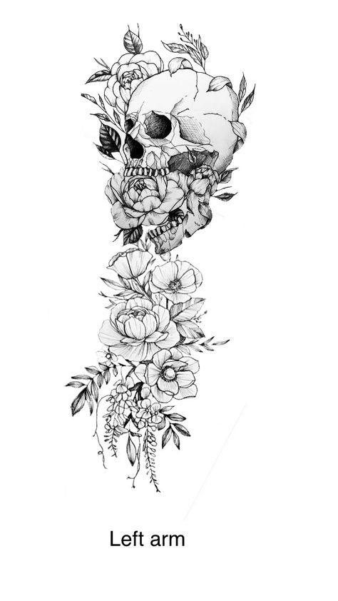 Dark Pretty Tattoo, Grunge Hip Tattoo, Full Thigh Sleeve Tattoo Women, Upper Arm Skull Tattoo, Creepy Feminine Tattoos, Raven Skull Tattoo Design, Floral Skull Tattoos For Women, Skull Plant Tattoo, Pretty Skull Tattoos For Women