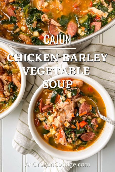 Cajun Chicken Barley Vegetable Soup (Easy & Healthy) - An Oregon Cottage Japanese Onion Soups, Soup Easy Healthy, Barley Vegetable Soup, Chicken Barley, Chicken Barley Soup, Oregon Cottage, Cottage Recipes, Easy Cajun, Homemade Cajun Seasoning