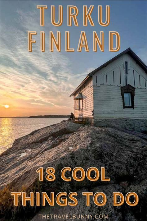 small white hut on rocky outcrop at sunset in Turku Finland Castle Gothic, Finnish Cuisine, Turku Finland, Finland Travel, Private Boat, Stunning Sunset, Gothic Cathedral, Cool Things To Do, Scandinavia Travel