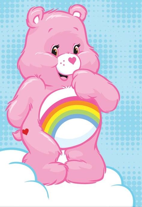 Care Bears: Cheer Bear                                                                                                                                                                                 More Care Bears Art, Care Bears Cheer Bear, Bears Art, Care Bear Party, Care Bear Birthday, Cheer Bear, Care Bears Cousins, Bear Watercolor, Pink Teddy Bear