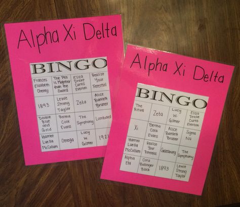 La Vie Bri || New Member Education - Bingo game. Alpha Xi Delta at Purdue University // cred: Wrandi Carter Sorority Programming Ideas, New Member Educator Sorority Ideas, Sorority Bonding Activities, Bonding Events Sorority, Sorority Parents Weekend Banner, Sorority Activities, Sorority Retreat, Sisterhood Activities, Retreat Activities