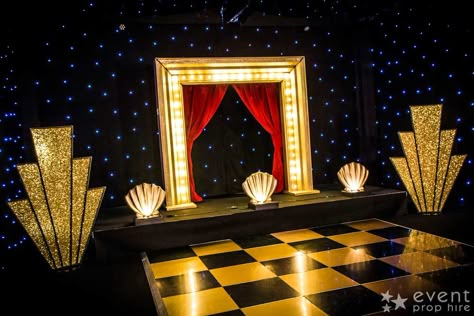 Art Deco Stage, Roaring 20s Prom, School Dance Decorations, Art Deco Theatre, Gate Arch, 1920s Themed Party, Broadway Theme, Roaring 20s Party, Gatsby Themed Party