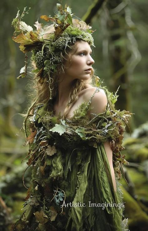 Willow Tree Costume, Mother Earth Cosplay, Green Witch Costume For Women, Wood Fairy Aesthetic, Woodland Fairy Cosplay, Diy Forest Fairy Costume, Mossy Dress, Nymph Costume Ideas, Forest Spirit Costume