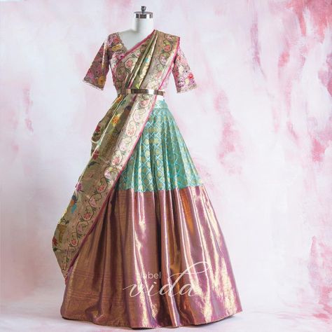 Label Vida Lehenga, Langa Voni Designs, Paithani Lehenga, Pink Half Sarees, Langa Blouse, Pattu Dress, Stylish Lehenga, Indigo Saree, Traditional Lehenga