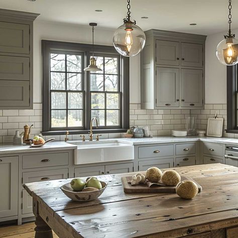 22+ Farmhouse Fresh Gray Kitchen Ideas for Rustic Elegance • 333+ Art Images Farmhouse Kitchen Grey Countertops, Rustic Kitchen With Gray Cabinets, Grey Rustic Kitchen, Brick Backsplash Gray Countertop, Best Gray For Kitchen Cabinets Rustic, Gray Farmhouse Sink, Gray Kitchen Ideas, Grey Farmhouse Kitchen, Columns Decor