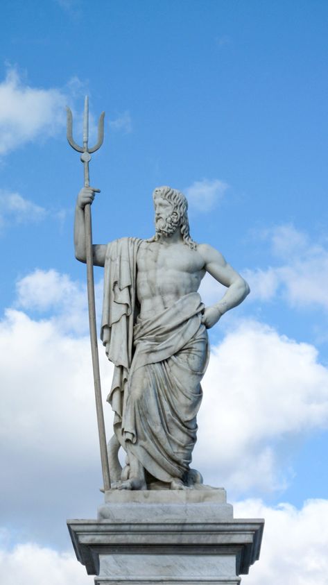 Statues Of Greek Gods, Greek Mythology Statues Aesthetic, Greek Myth Statue, Greek Gods Sculpture, Posiden Statues, Olympians Gods, Posiden Sculpture, Greek Statues Poseidon, Hades Sculpture Greek Mythology