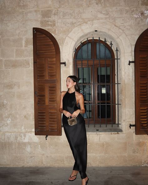 Night out outfit inspo 🍸🖤 Our girl @yulyavisror is wearing our Black Satin Collared Tank Top with the matching Satin Slip Maxi Skirt ✨ Shop online now >>> Elegant Black Ruched Maxi Skirt, Sleek Black Silk Maxi Skirt, Black Voluminous Silk Skirt, Luxury Satin Wide-leg Maxi Skirt, Black Silk Voluminous Skirt, Satin Slip, Night Out Outfit, Our Girl, Black Satin