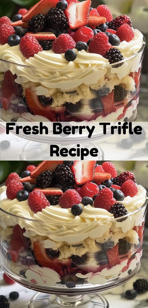 Delicious Fresh Berry Trifle with layers of berries, cream, and sponge cake. Berry Truffle Dessert, Easy Berry Trifle Recipe, Fruit Trifle Desserts, Summer Berry Trifle Recipe, Berry Trifle Recipe, Summer Trifle, Creamy Dessert Recipes, Easy Trifle, Whole30 Vegetarian