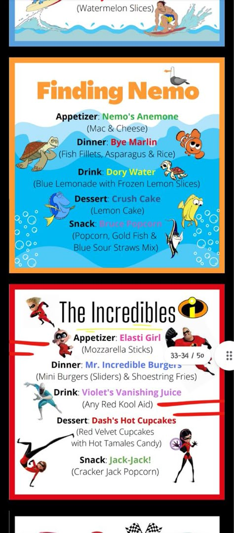 Disney Movie Night Menu Finding Nemo, Pixar Inspired Food, Daycare Movie Day Ideas, Finding Nemo Themed Dinner, Finding Nemo Movie Night Food, Nemo Dinner And A Movie, Family Movie Dinner Night, Disney Dinner Ideas Movie Nights, Harry Potter Inspired Dinner Recipes