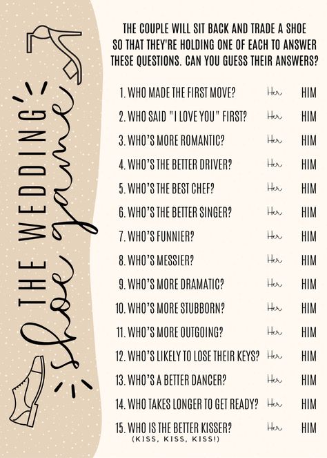 60 Wedding Shoe Game Questions + FREE Printable - Peachy Party Shoe Game Engagement Party, The Wedding Shoe Game Questions, Mr And Mrs Game Questions, Bridal Shower Shoe Game Questions, Wedding Game Questions, Him Or Her Game Questions, The Shoe Game Wedding, Wedding Games For Reception Indoor, Bridal Shower Game Questions