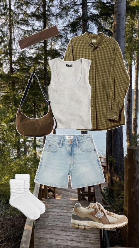 Cabin fit, brown headband, flannel, ll bean, green outfit, summer outfit, spring outfit, hiking fit, outdoor fit, casual outfit, sneakers, dad shoes, chunky shoes, athletic outfit, camping fit Casual Outfit Sneakers, Hiking Summer Outfit, Green Outfit Summer, Dad Shoes Outfit, Dad Sneakers Outfit, Casual Hiking Outfit, Outfit Camping, Cabin Outfit, Brown Headband