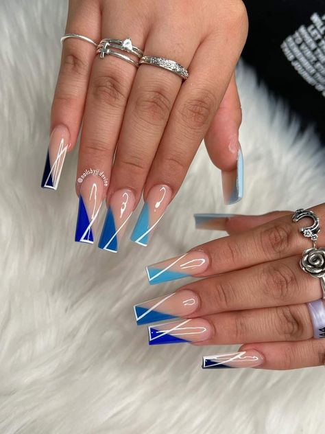 Half Polished Nails, Long Acrylic Nails Square Ideas Pretty, Colorful French Nail Designs, Long Nail Designs Blue, Trendy Coffin Acrylic Nails, Dope Nail Designs Coffin, Blue Summer Acrylic Nails, Bahamas Nail Ideas, Blue Trendy Nails