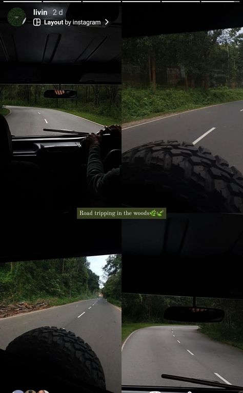 An Instagram story layout with pictures of the road and woods taken from inside a jeep Trip Aesthetic Captions, Trip Stories Instagram, Off Roading Captions, Road Trip Quotes Instagram, Trip Post Caption, Car Aesthetic Instagram Story, Nature Trip Captions For Instagram, Aesthetic Road Trip Pictures, Road Trip Story Ideas