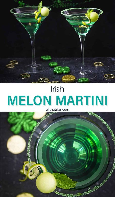 This melon flavored shamrock martini, aka melontini, is super quick to make with only two ingredients and is perfect for St. Patrick’s Day. You'll be sipping it away in just a few minutes! | allthatsjas.com | #martini #melontini #melonflavor #liqueur #drink #cocktail #allthatsjas #homemade #StPatricksDay #shamrock #glutenfree #beverage #vodka #midori #green #Irish Ulster Fry, Grilled Cabbage Steaks, Midori Drinks, Irish Cream Frosting, St Patricks Day Drinks, Grilled Cabbage, Chocolate Mint Cookies, Melon Liqueur, Green Beer