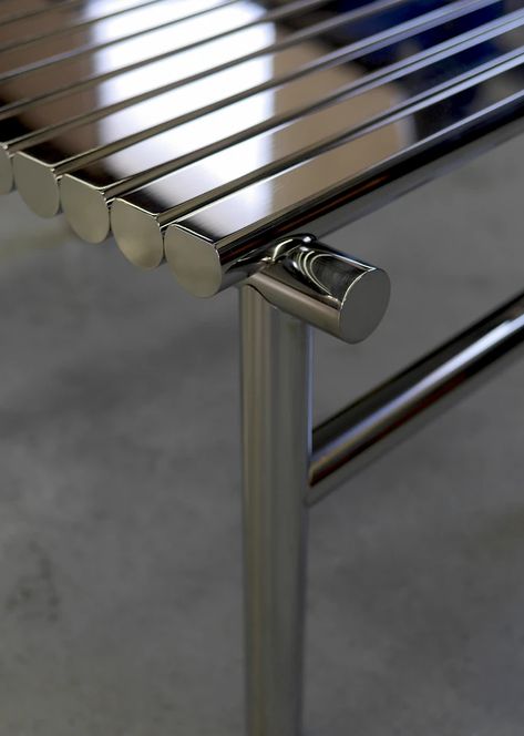 Steel Bench, Industrial Design Trends, Joinery Details, Coffee Shop Bar, Metal Furniture Design, Cozy Chair, Steel Detail, Metal Shop, Steel Furniture