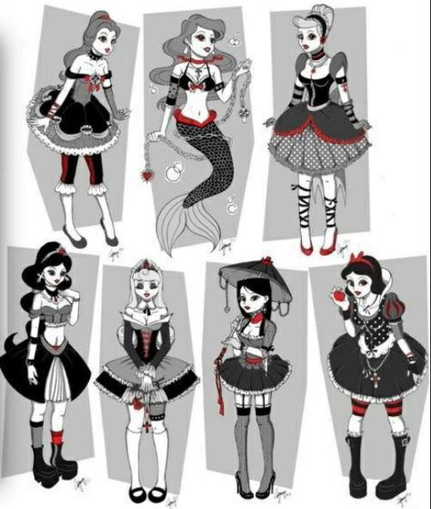 Emo princesses Gothic Disney Princesses, Cartoon Queen, Disney Kızları, Emo Disney, Goth Disney Princesses, Disney Amor, Dawn Marie, Disney Punk, Goth Disney